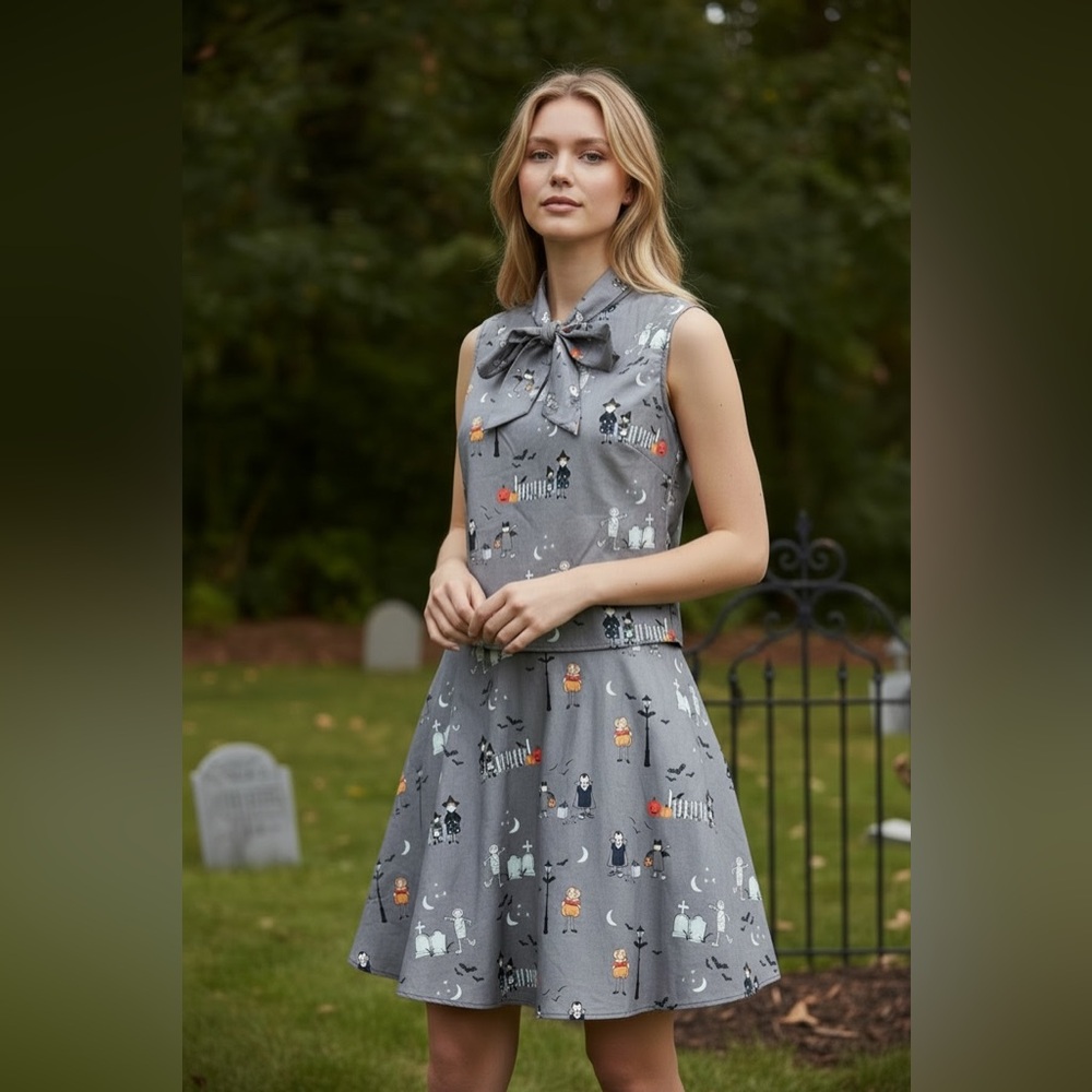 Retrolicious Gray 2 piece Halloween Dress with Vintage Trick-or-Treat Print. NWT